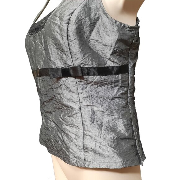 Vintage 90s Sleeveless Corset Top Juniors 13 Silver Black Trim Bow Lace Up - Picture 5 of 11